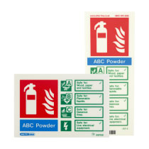 portrait and landscape signs showing the types of fire a powder extinguisher can be used on 