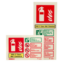 Two P50 F‑Class wet chemical fire extinguisher id signs with a red extinguisher icon and yellow header, showing they are suitable for cooking oil and deep‑fat fryer fires and not suitable for class a, class b or live electrical fires