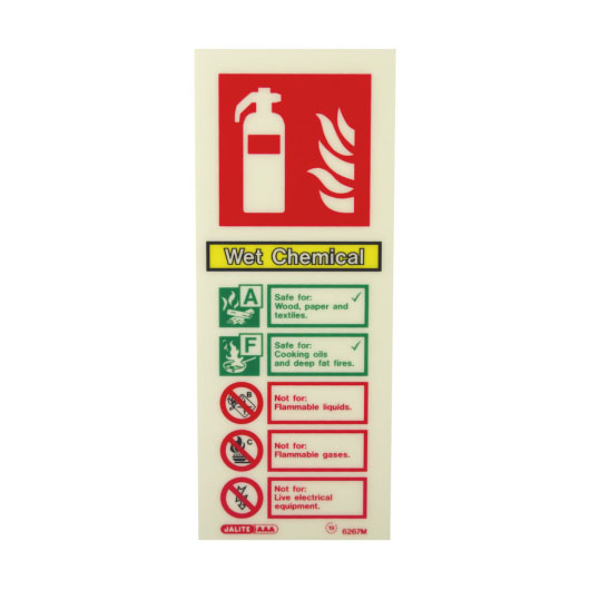 portrait sign showing the types of fire a wet chemical extinguisher can be used on