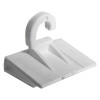 Close up of a white hanging z hook clip showing its flat base and curved hook design