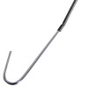 Close up of a single hanging z hook clip made of metal with a curved end and spring detail on a white background