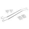 Contents of hanging z hooks clips including two long metal hooks and four white plastic clips on a white background