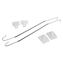 Contents of hanging z hooks clips including two long metal hooks and four white plastic clips on a white background