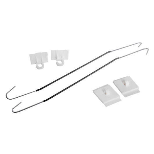 Contents of hanging z hooks clips including two long metal hooks and four white plastic clips on a white background