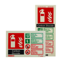 portrait and landscape signs showing the types of fire a CO2 extinguisher can be used on