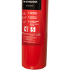 Close up of the label on a refurbished 2kg co2 fire extinguisher showing safety instructions and warnings