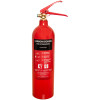 refurbished co2 fire extinguisher shown from the front with red cylinder and black label on white background