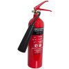 Angled view of a refurbished 2kg co2 fire extinguisher with a black horn attached to the red cylinder