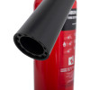 Close up of the horn attached to a refurbished 2kg co2 fire extinguisher with part of the red cylinder visible in the background