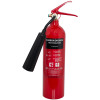 Refurbished 2kg co2 fire extinguisher with horn shown from the front against a white background