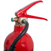 Close up of the head of a refurbished 2kg co2 fire extinguisher with horn showing the red lever and black horn nozzle