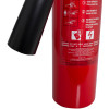 Close up of the label on a refurbished 2kg co2 fire extinguisher with horn showing instructions and warnings
