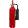 Side view of refurbished 2kg co2 fire extinguisher with attached black horn and visible valve mechanism