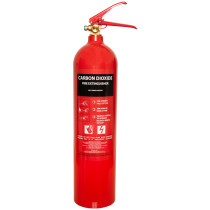 Front view of a refurbished 5kg co2 fire extinguisher showing the label and red body