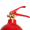 Close up of the handle on a refurbished 5kg co2 fire extinguisher showing the red lever and brass fittings