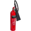 refurbished 5kg co2 fire extinguisher with angled black horn attached to the red cylinder