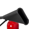 Refurbished 5kg co2 fire extinguisher showing a close up of the black horn nozzle and part of the red cylinder