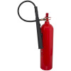 Red refurbished 5kg co2 fire extinguisher with a black horn attached to the side on a white background