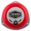 Front view of a jewel rotary hand bell in red and grey with logo and directional arrows visible