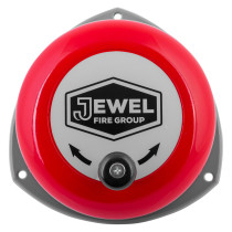 Front view of a jewel rotary hand bell in red and grey with logo and directional arrows visible