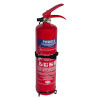 Angled view of jewel saffire 3kg powder slimline fire extinguisher showing label and red body