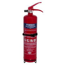 Front view of jewel saffire 3kg powder slimline fire extinguisher showing red cylinder and label details