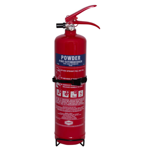 Front view of jewel saffire 3kg powder slimline fire extinguisher showing red cylinder and label details