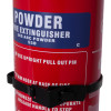 Part of jewel saffire 3kg powder slimline fire extinguisher showing red transport bracket attached around body