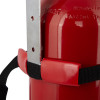 Closeup of the back of a 2kg co2 extinguisher transport bracket showing the strap and metal mounting plate