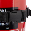 Closeup of fastener on the 2kg co2 extinguisher transport bracket showing black plastic buckle and strap