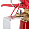 Close-up top view of the 2kg co2 extinguisher transport bracket showing the metal and locking pin details