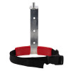 Front view of a 2kg co2 extinguisher transport bracket with metal mount and black strap with red padding