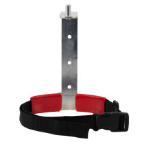 Front view of a 2kg co2 extinguisher transport bracket with metal mount and black strap with red padding
