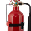 Side view of a 2kg co2 extinguisher transport bracket securing a red extinguisher with hose attached