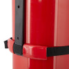 Closeup of the back of a 5kg co2 extinguisher transport bracket showing strap and fastening details