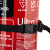 Closeup of fastener on 5kg co2 extinguisher transport bracket showing buckle and strap detail