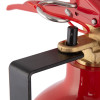 Closeup top view of the 5kg co2 extinguisher transport bracket showing metal parts and red cylinder section