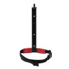 Front view of a 5kg co2 extinguisher transport bracket with a metal strip and attached strap with buckle
