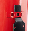 Closeup top view of the universal extinguisher transport bracket showing red and black metal parts attached to a red surface