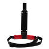 Front view of the universal extinguisher transport bracket showing the metal mounting plate and attached strap with red padding