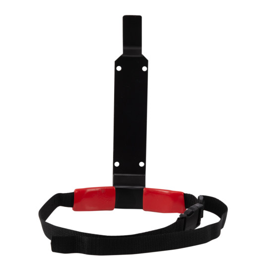 Front view of the universal extinguisher transport bracket showing the metal mounting plate and attached strap with red padding