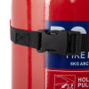 Closeup of fastener on heavy duty extinguisher transport bracket strap attached to red cylinder