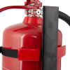 Closeup top view of heavy duty extinguisher transport bracket showing strap and mounting plate attached to red extinguisher