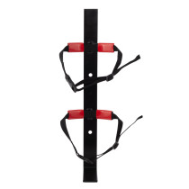 Heavy duty extinguisher transport bracket made of black metal with red padded grips and adjustable black straps
