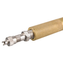 Closeup of the thomas glover extinguisher valve removal recharge bar showing the textured handle and metal threaded tip