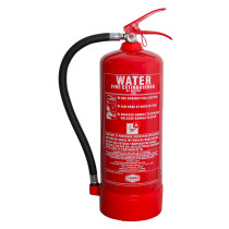 Front view of a red jewel 6l water fire extinguisher showing the label and attached hose