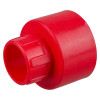 Red plastic water mist fire extinguisher nozzle holder side shown from an angle on a white background