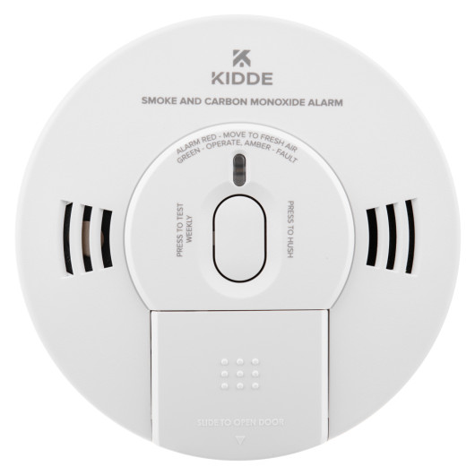 kidde combination carbon monoxide smoke alarm shown from the front with test button and ventilation slots visible
