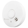angled view of a white Kidde 10yr battery optical smoke alarm showing its front surface and vents