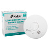 kidde 10yr battery optical smoke alarm with white round smoke detector and box showing product details and branding
